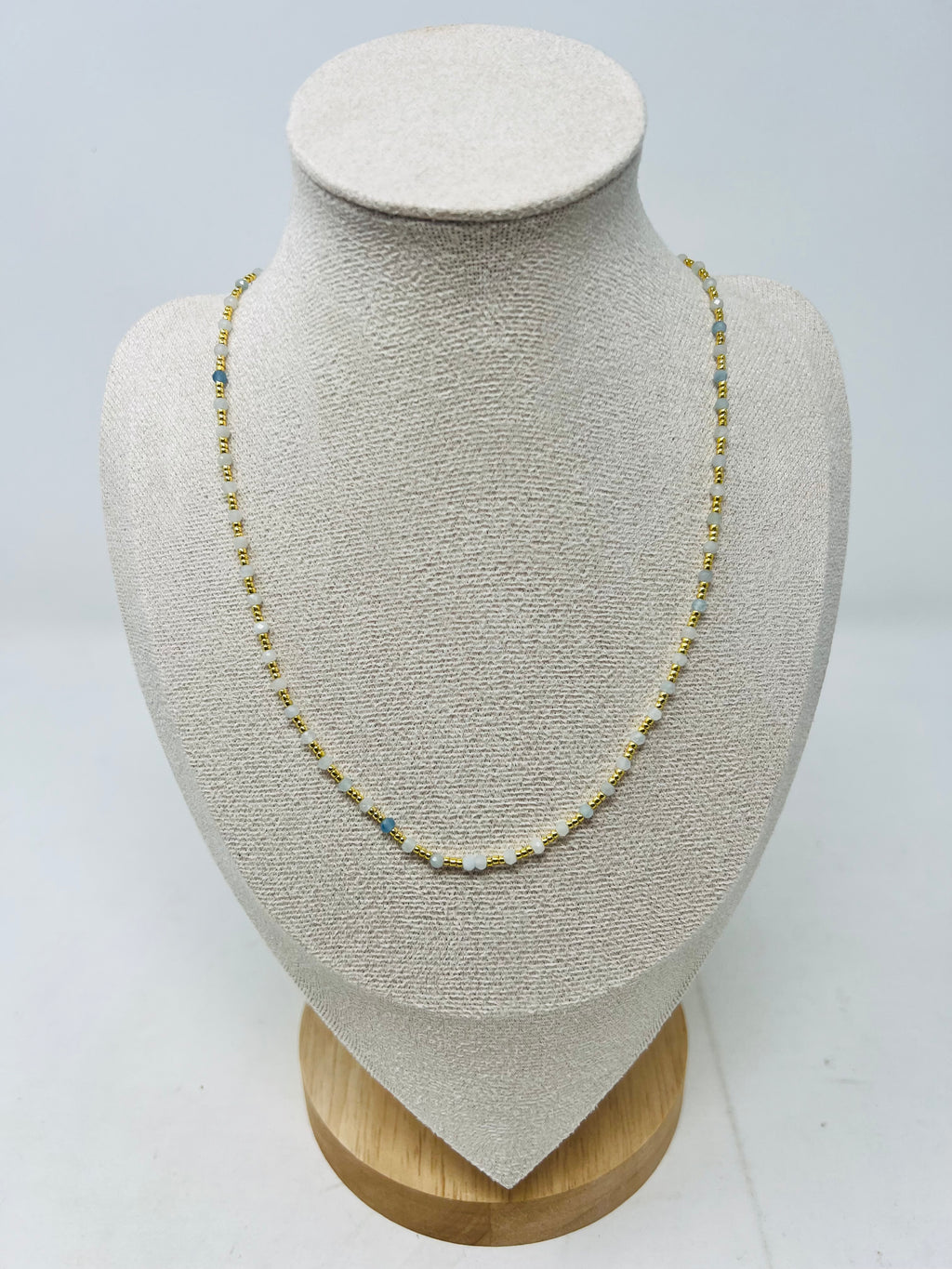 Elegant semi-precious stone necklace with Miyuki beads (soft white, pale blue, and light gray )