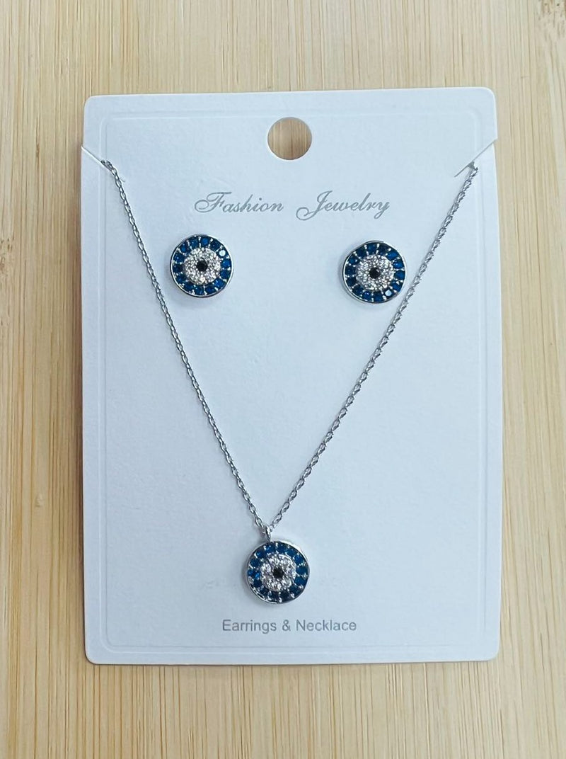 "Eye" C.Z Rhodium Plated Crystal Earring and necklace sets