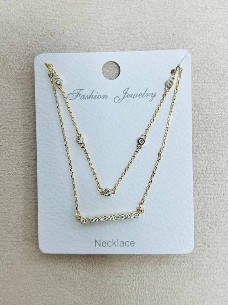 "double layer" C.Z Rhodium Plated Pendant Necklace