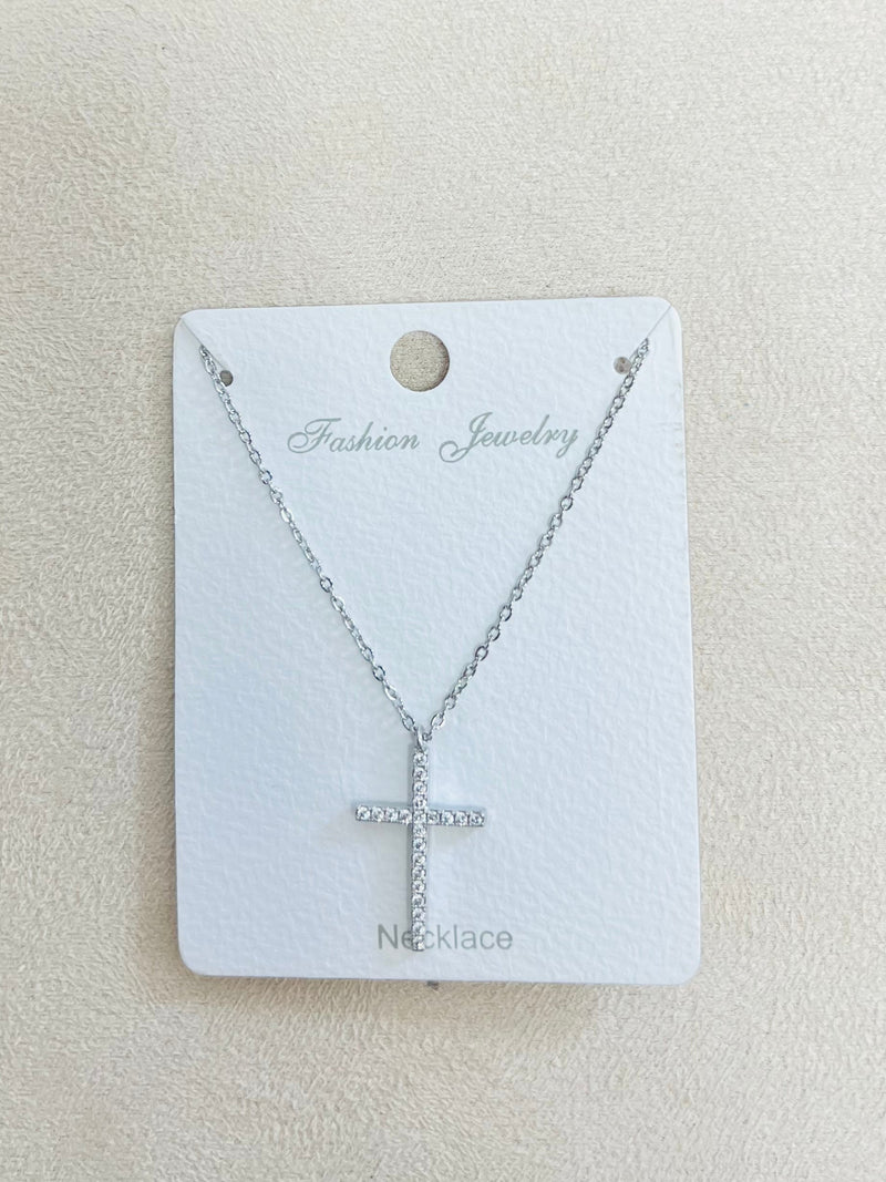 "CROSS" C.Z Rhodium Plated Pendant Necklace