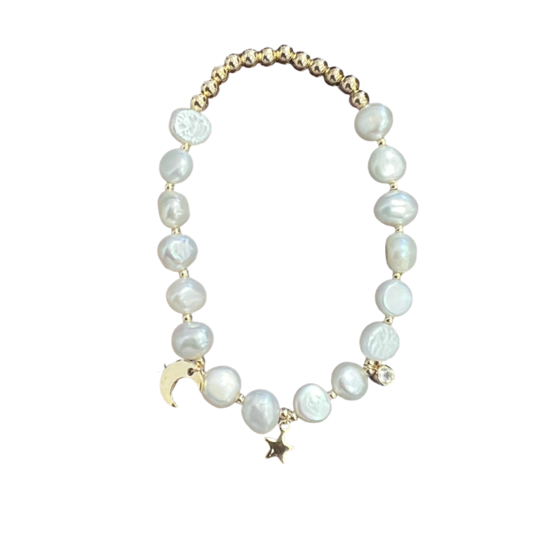 "moon star" Freshwater Pearl C.Z Adjustable Crystal Bracelet