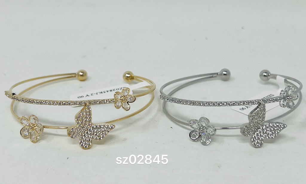 Butterfly & Flower C.Z Rhodium Plated Cuff bracelet