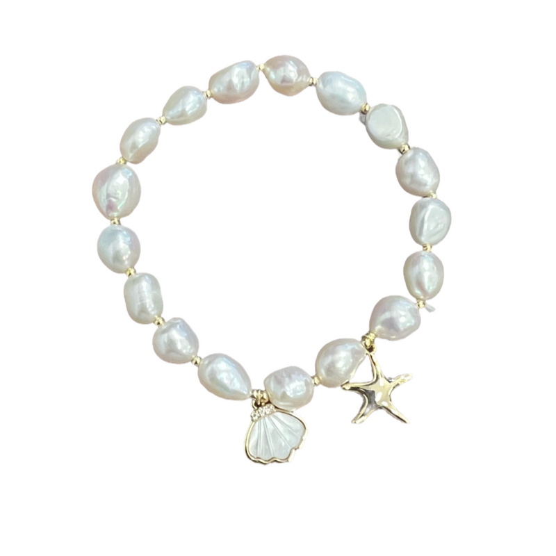 "Shell and starfish" Freshwater Pearl C.Z Crystal Adjustable Bracelet