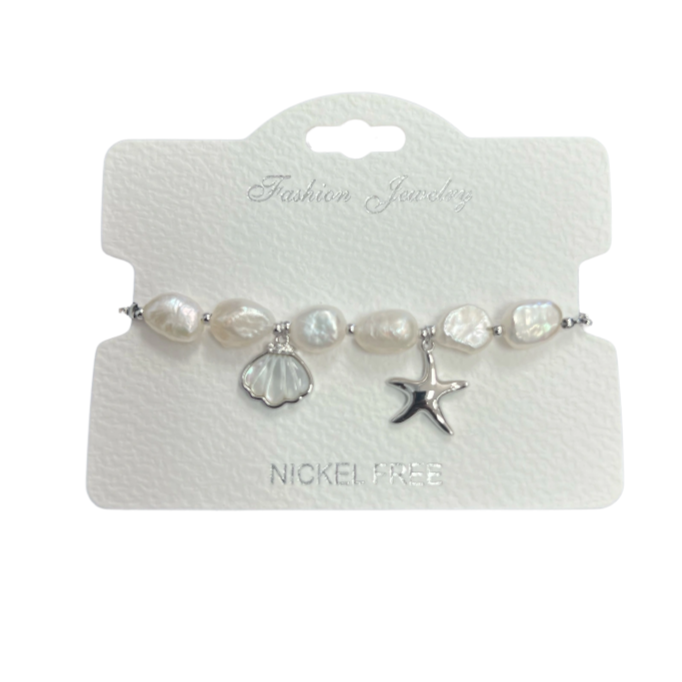 "Shell and starfish" Freshwater Pearl C.Z Crystal Adjustable Bracelet