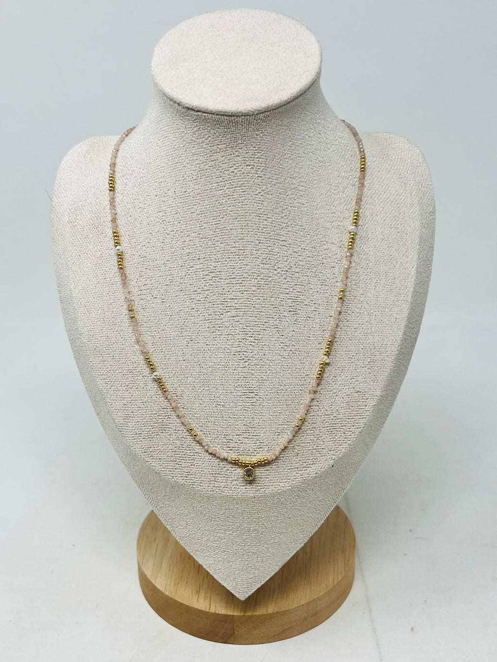 Semi-Precious Stone Necklace with Miyuki Beads & Round Charm(Blush Nude )