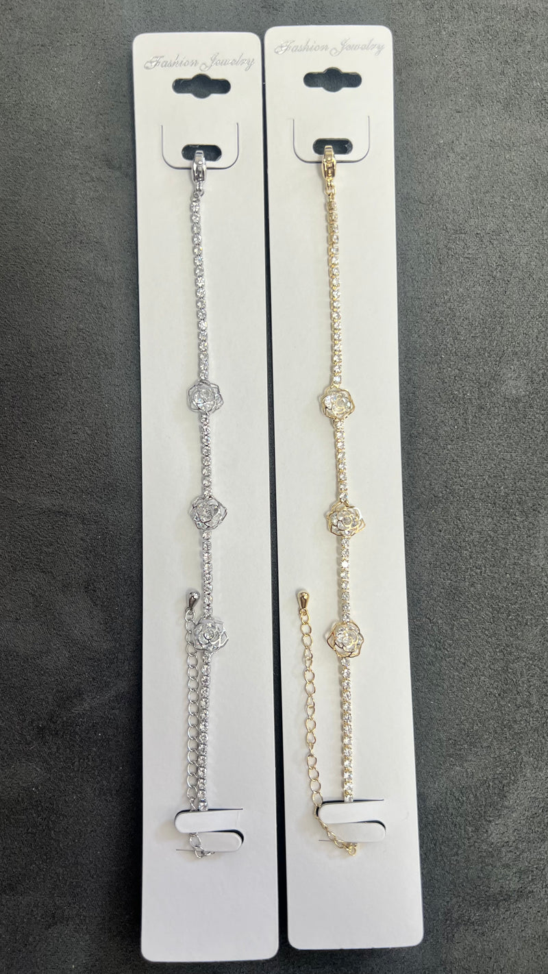 Rose Flower C.Z Crystal Tennis Bracelets-Adjustable Chain
