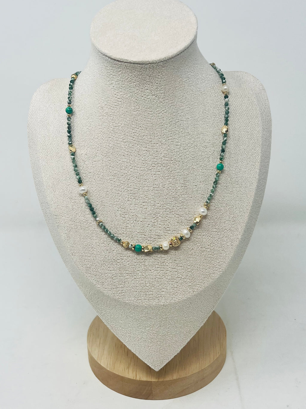 Miyuki Beads, Semi-Precious Stone & Pearl Beaded Necklace(mossy green)