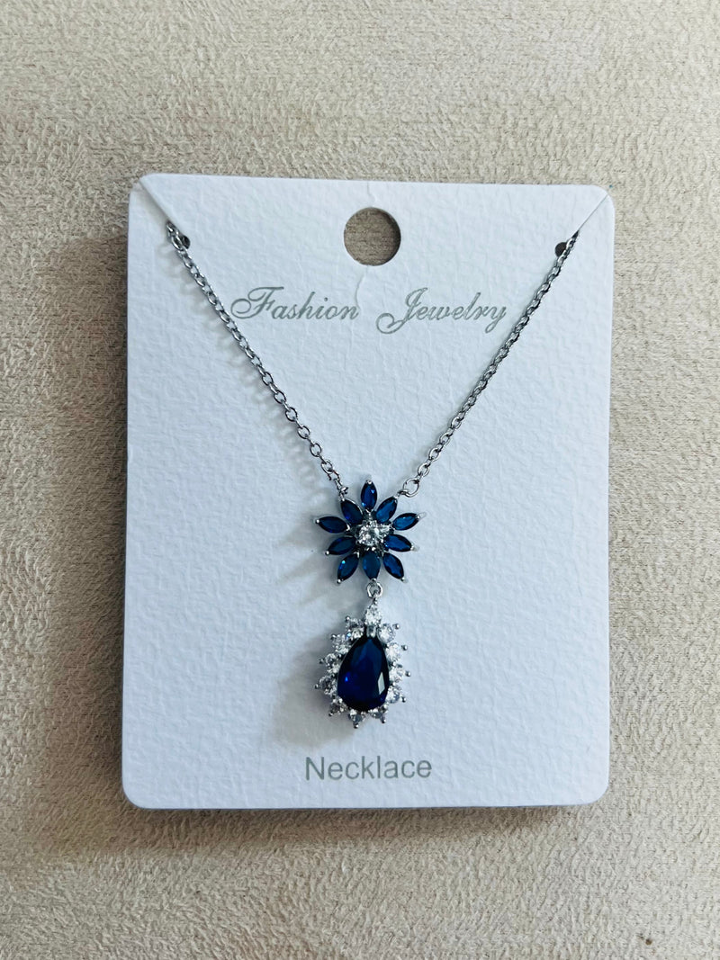Silver Starburst Drop Pendant C.Z Rhodium Plated Necklace