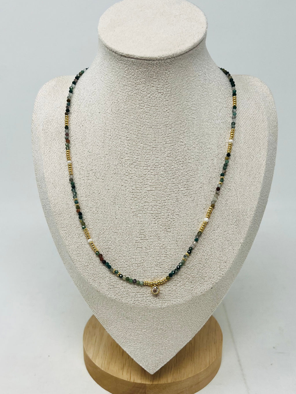 Semi-Precious Stone Necklace with Gold Miyuki Beads & Round Charm(Green)
