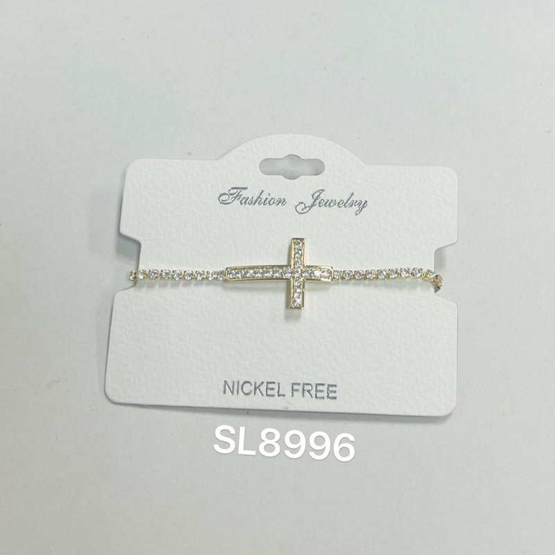 "Cross" C.Z Rhodium Plated Crystal adjustable Bracelet