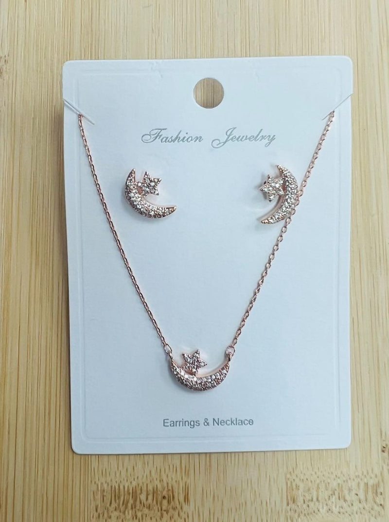 "moon and star" C.Z Rhodium Plated Crystal Earring and necklace sets