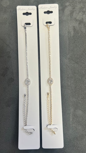 Oval Halo C.Z Crystal Tennis Bracelets-Adjustable Chain
