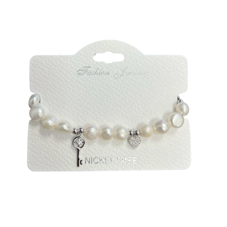 "Key and Heart" Freshwater Pearl C.Z Crystal Adjustable Bracelet