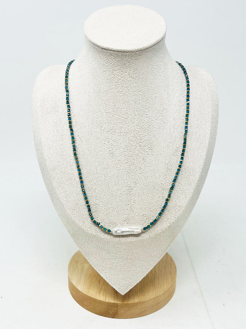 Colorful Semi-Precious Bead Necklace with Pearl Bar Pendant(aqua)