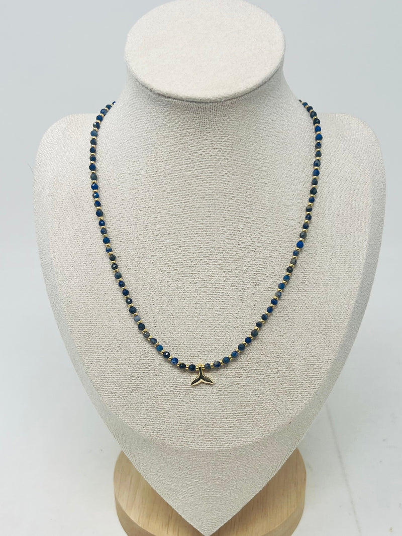 Semi-precious stone Beaded Necklace with Whale Tail Pendant(Lapis Lazuli)