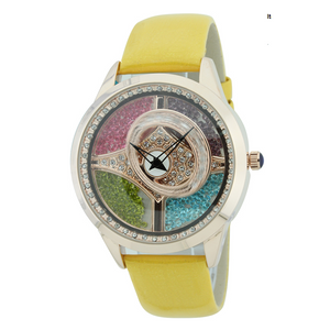 4 COLOR FALLING STONES WITH SPINNING OVAL AND GENUINE LEATHER WATCH.