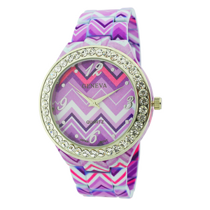 Round Face With Stones Floral Print Ceramic Look Link Watch