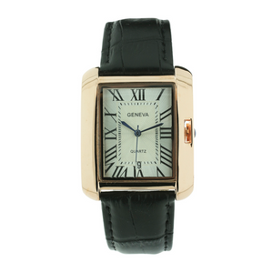 Large Rectangle Face Roman Numbers Classic Look Genuine Leather Band.
