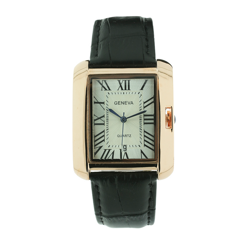 Large Rectangle Face Roman Numbers Classic Look Genuine Leather Band.
