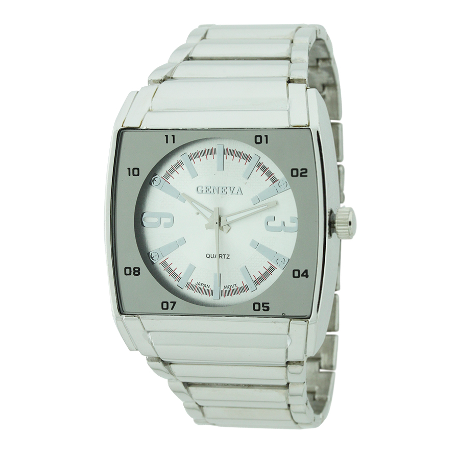Sport Square Case Round Face Man Link Watch（Silver Face）
