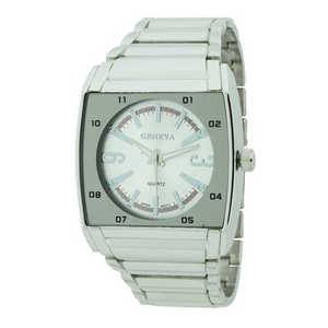 Sport Square Case Round Face Man Link Watch（Silver Face）