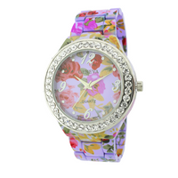 Round Face With Stones Floral Print Ceramic Look Link Watch.