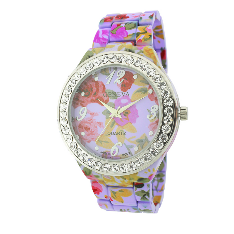 Round Face With Stones Floral Print Ceramic Look Link Watch.