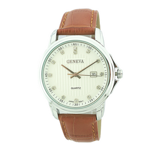 Round Face Genuine Leather Watch, 20M Water Resistant