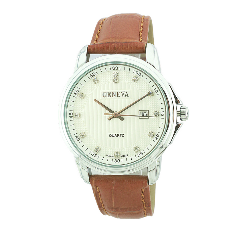 Round Face Genuine Leather Watch, 20M Water Resistant