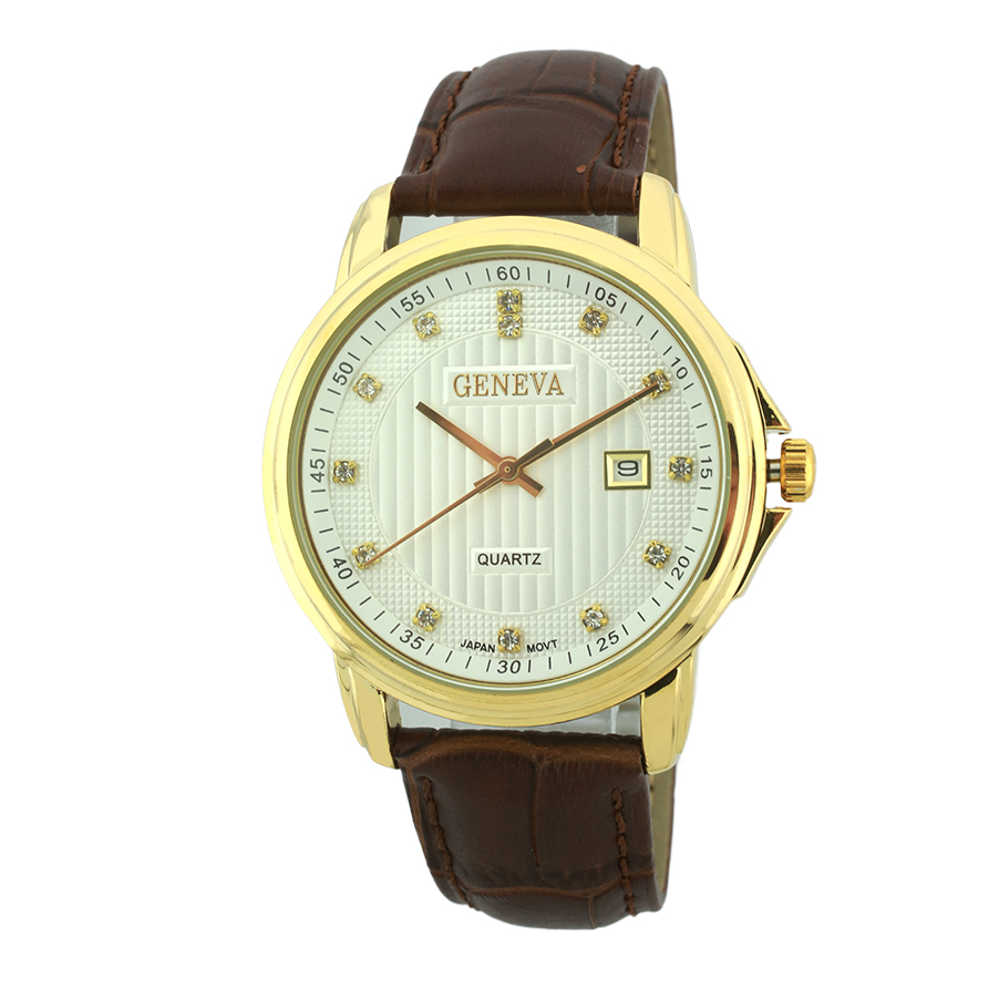 Round Face Genuine Leather Watch, 20M Water Resistant（Gold）