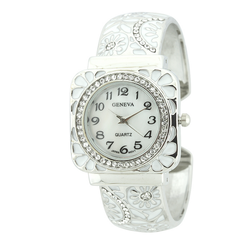 Flower Pattern Square Face Cuff Watch, Mother of Pearl Face