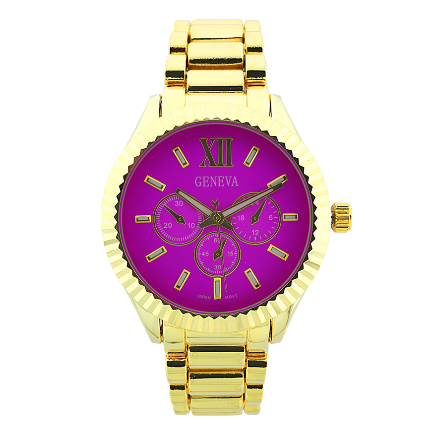 Round Face Lady Link Watch With Gear Tooth Dial(Gold face)