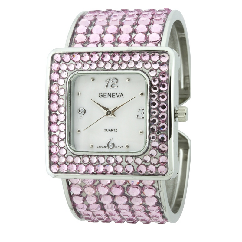 SQUARE FACE GLITTER ROUND STONES FANCY CUFF WATCH