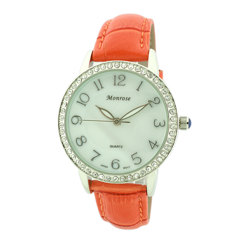 Round Face Arabic Leather Strap Watch, Mother of Pearl and Stones Dial