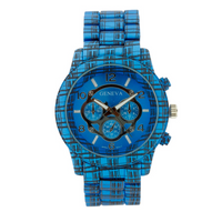 LARGE ROUND FACE MATTE FINISH PLAID PATTERN METAL LINK WATCH