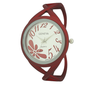 Round Face Cuff Watch With Flower on Left Corner