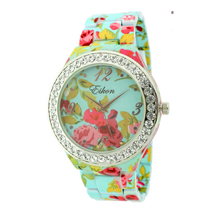 Round Face With Stones Floral Print Ceramic Look Link Watch.