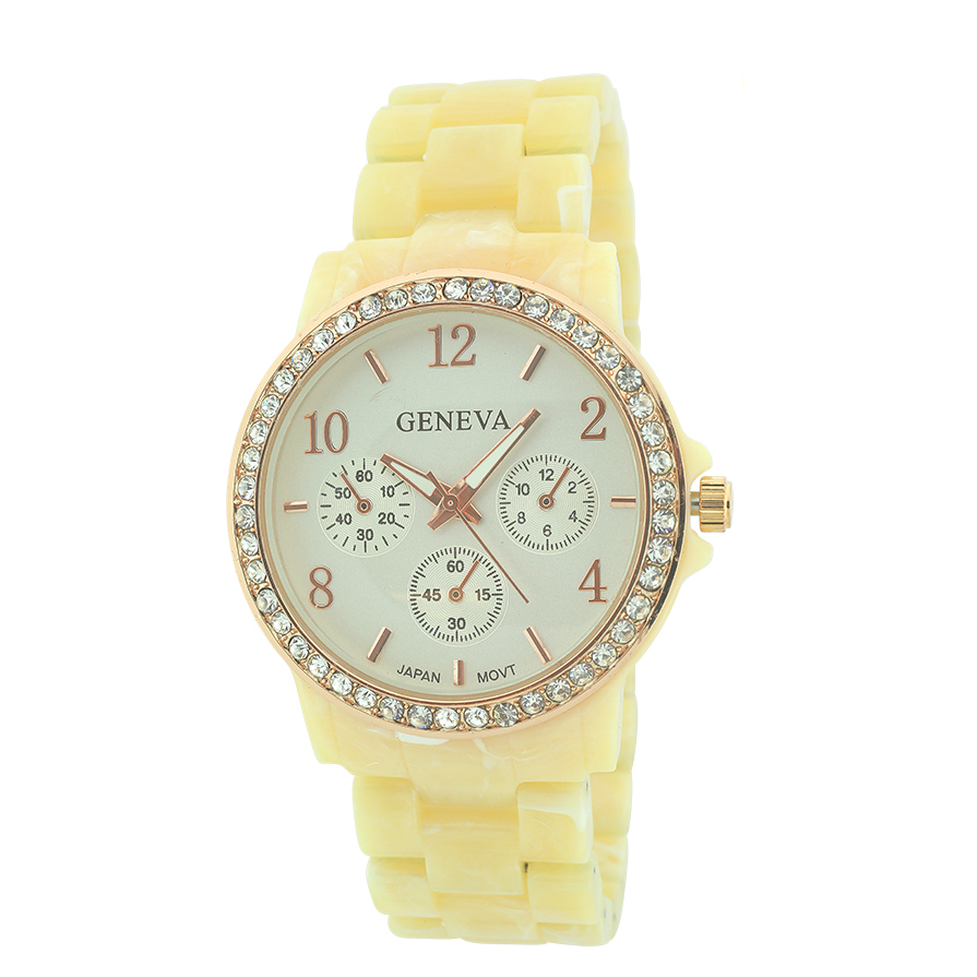 Round Face with Stones Plastic Link Watch(Beige face)