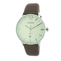 Round Face Men Watch Genuine Leather Band with Date(Silver face)