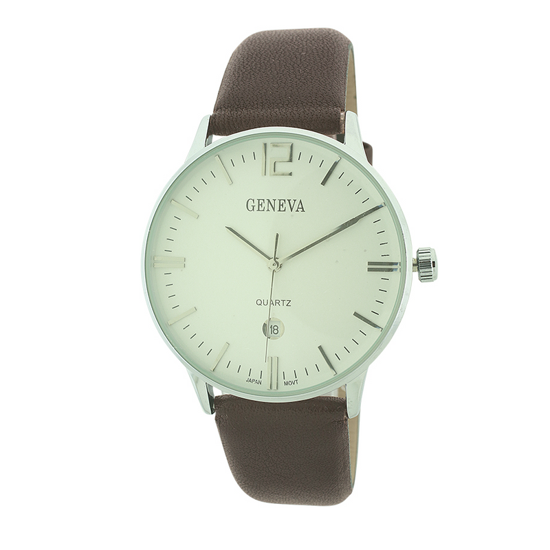 Round Face Men Watch Genuine Leather Band with Date(Silver face)