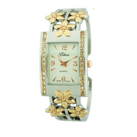 Rectangle Face Cuff Watch with Flower Shape Print