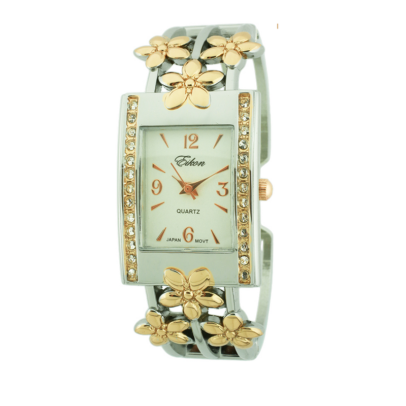 Rectangle Face Cuff Watch with Flower Shape Print