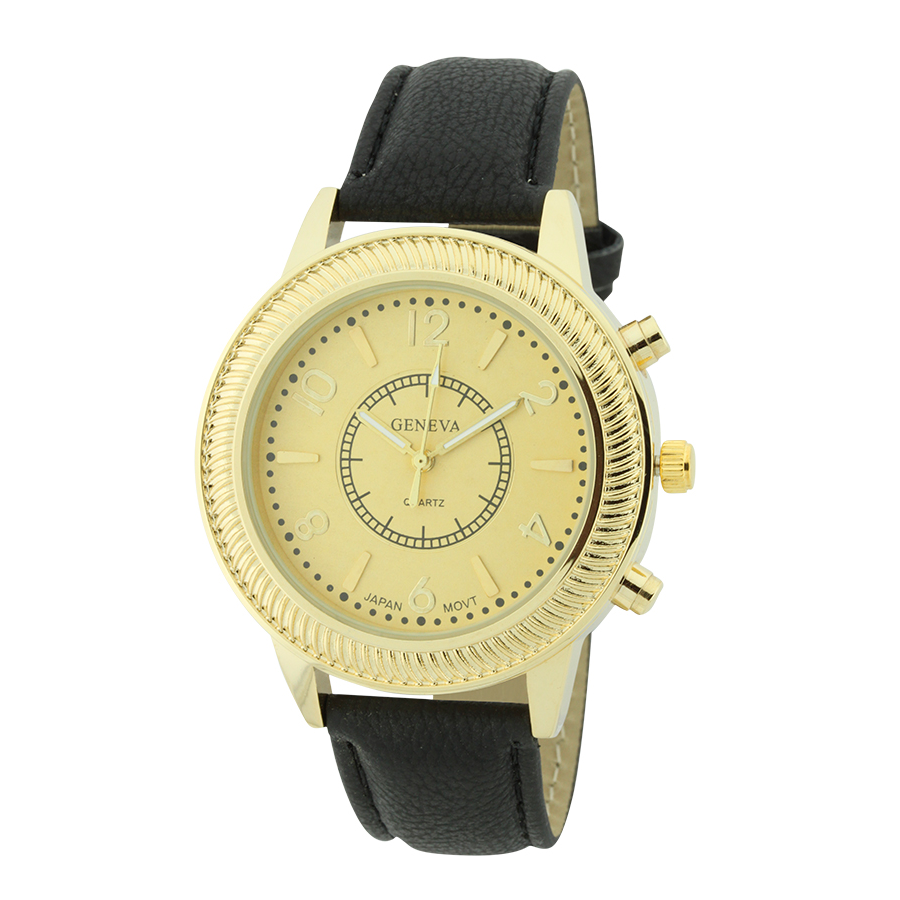 Round Face With Pattern Around Dial Strap Watch.