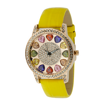 ROUND FACE AND MULTIPLE COLOR STONES ON DIAL, GENUINE LEATHER BAND LADY WATCH.