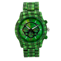 LARGE ROUND FACE MATTE FINISH PLAID PATTERN METAL LINK WATCH