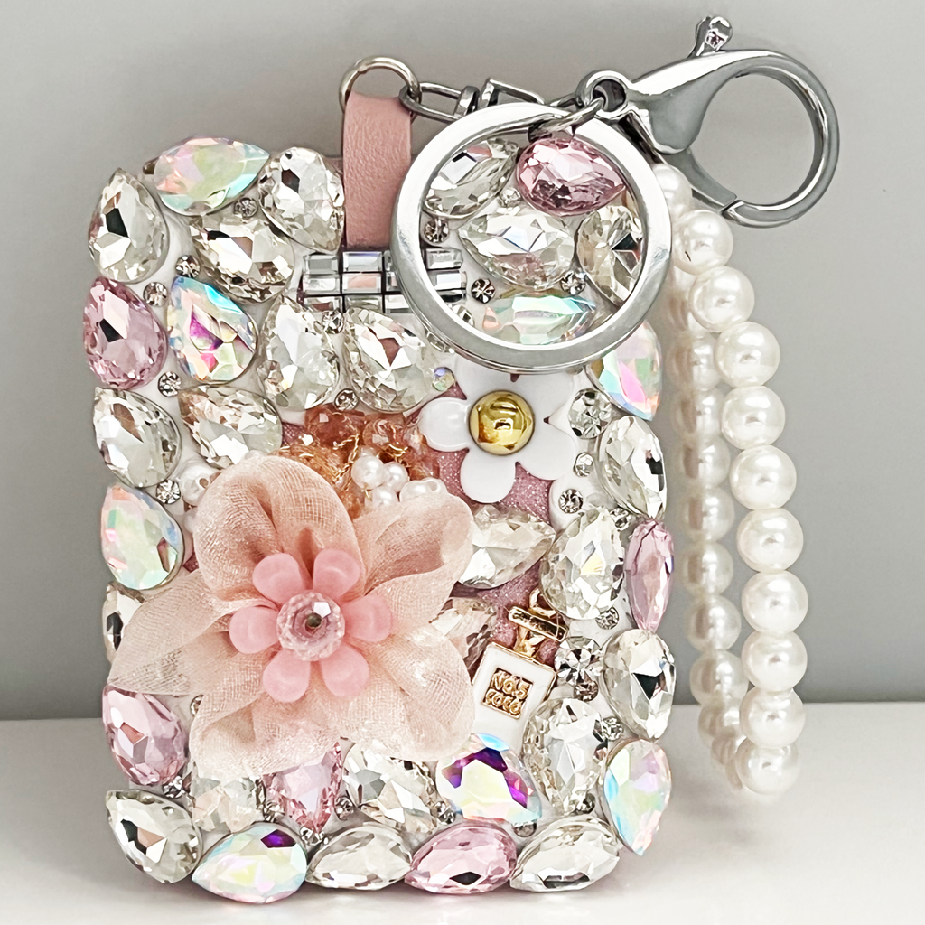 Rectangle Crystal Mirror Key Chain with flowers