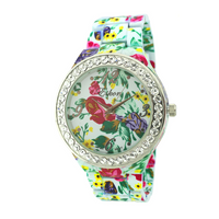 Round Face With Stones Floral Print Ceramic Look Link Watch.