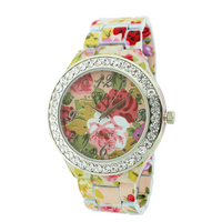 Round Face With Stones Floral Print Ceramic Look Link Watch.