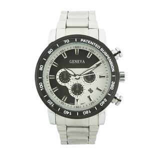 Medium Round Black & White Face Sport Link Watch With Date. Water Resistant 20M.