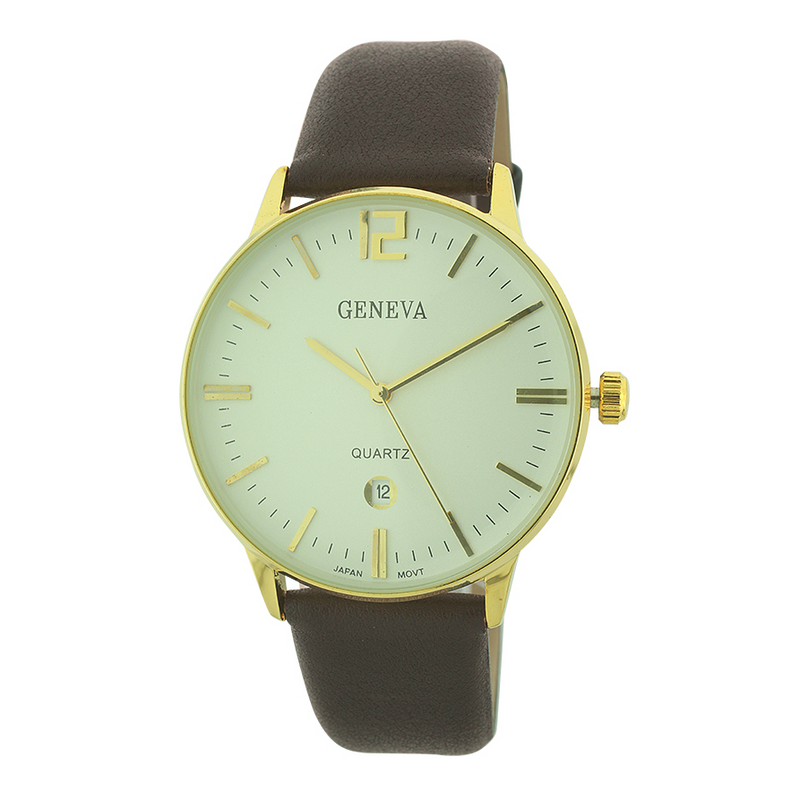 Round Face Men Watch Genuine Leather Band with Date(Gold face)